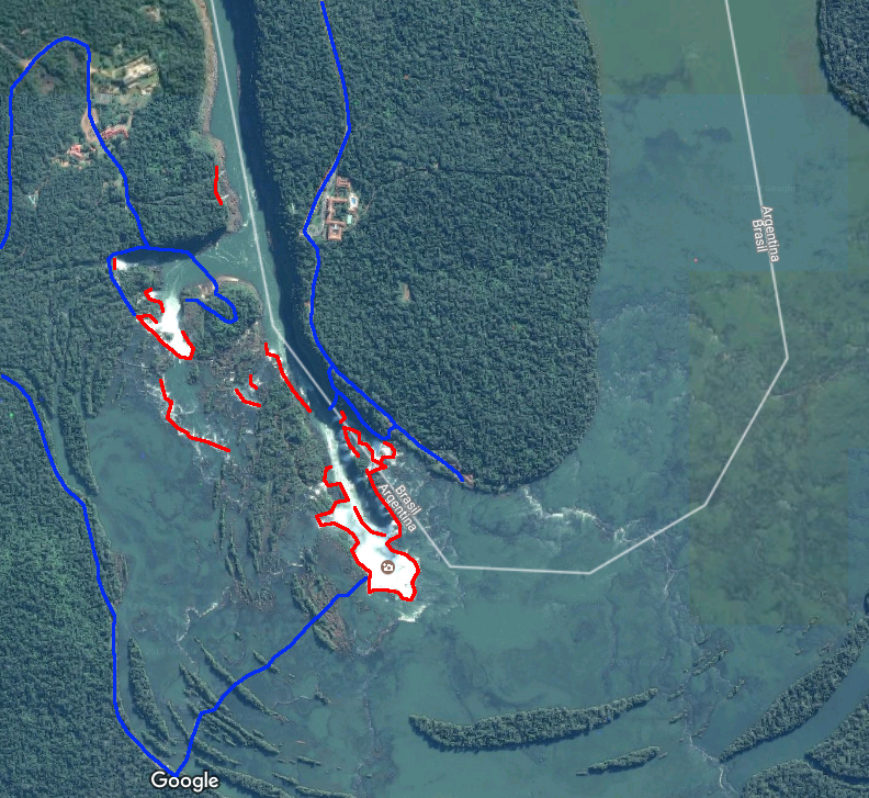 Vue satellite du site des chutes d'Iguaçu avec en rouge la localisation des chutes et en bleu notre parcours.